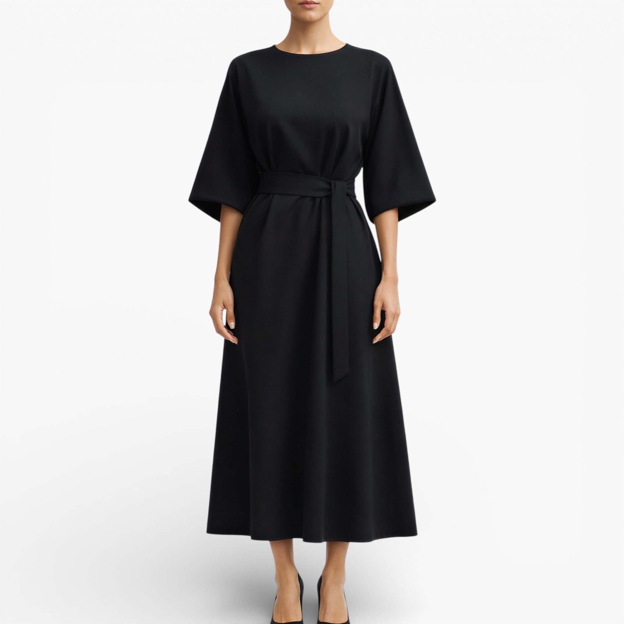 Women’s V Neck Midi Dress Belted Waist Flowy Casual Dress