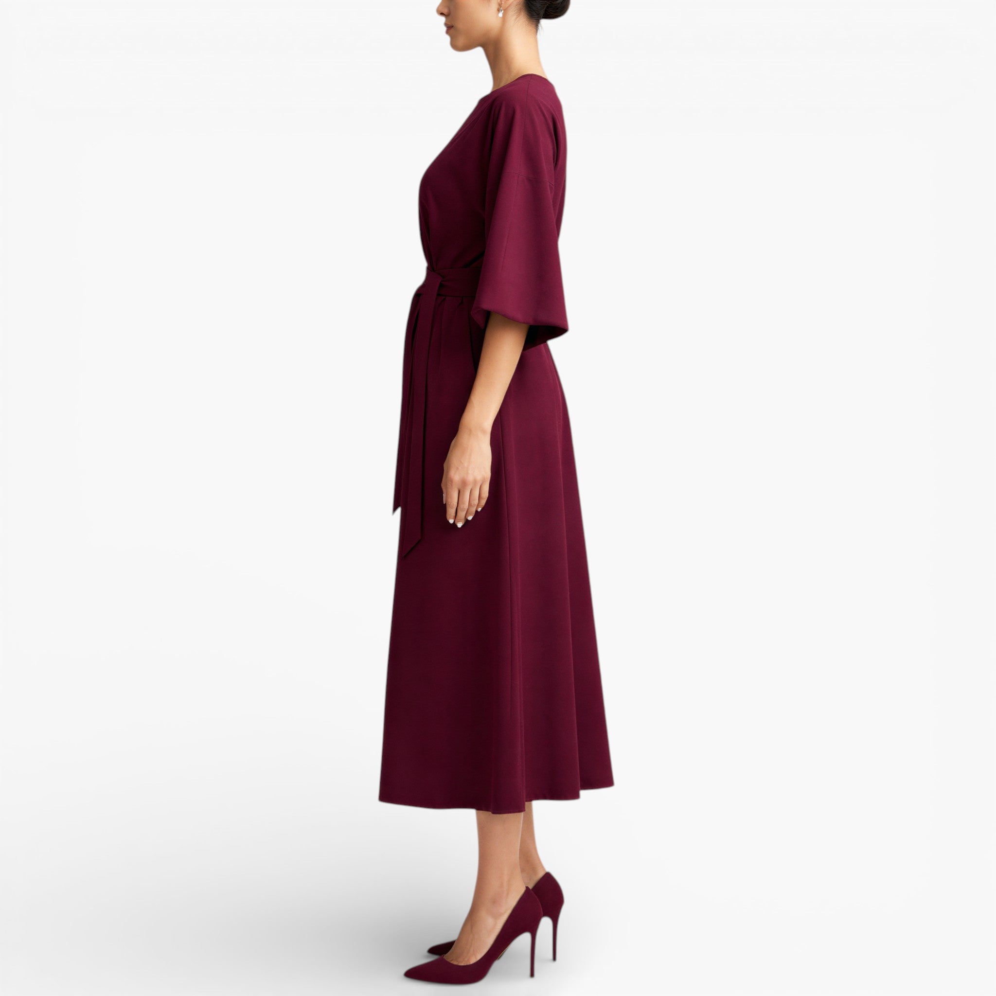Women’s V Neck Midi Dress Belted Waist Flowy Casual Dress