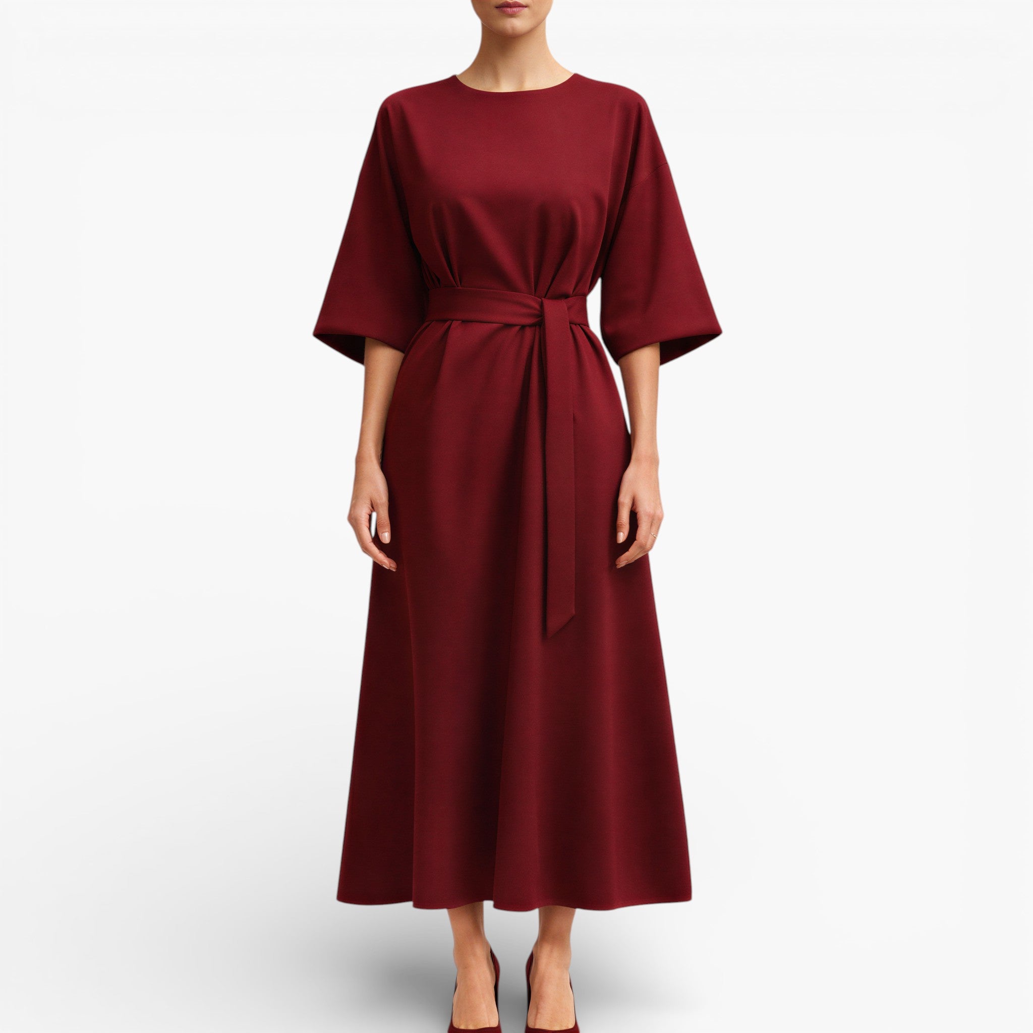 Women’s V Neck Midi Dress Belted Waist Flowy Casual Dress