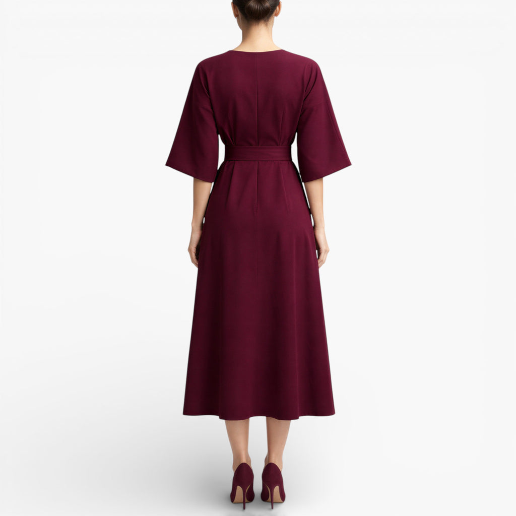 Women’s V Neck Midi Dress Belted Waist Flowy Casual Dress