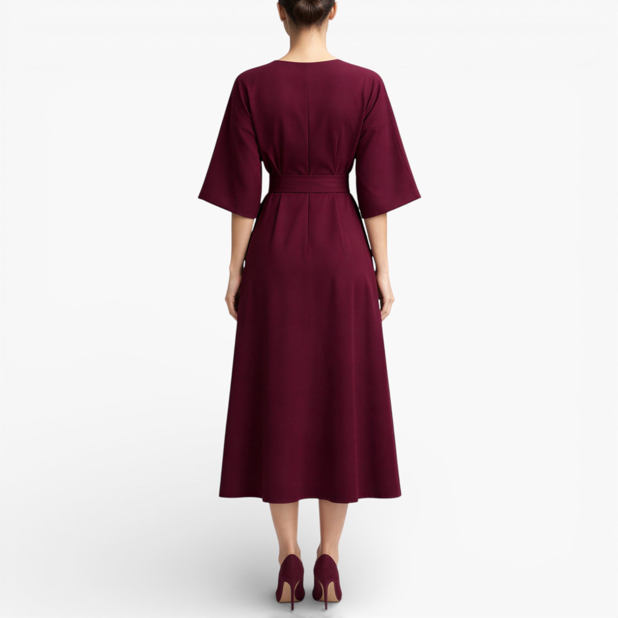 Women’s V Neck Midi Dress Belted Waist Flowy Casual Dress