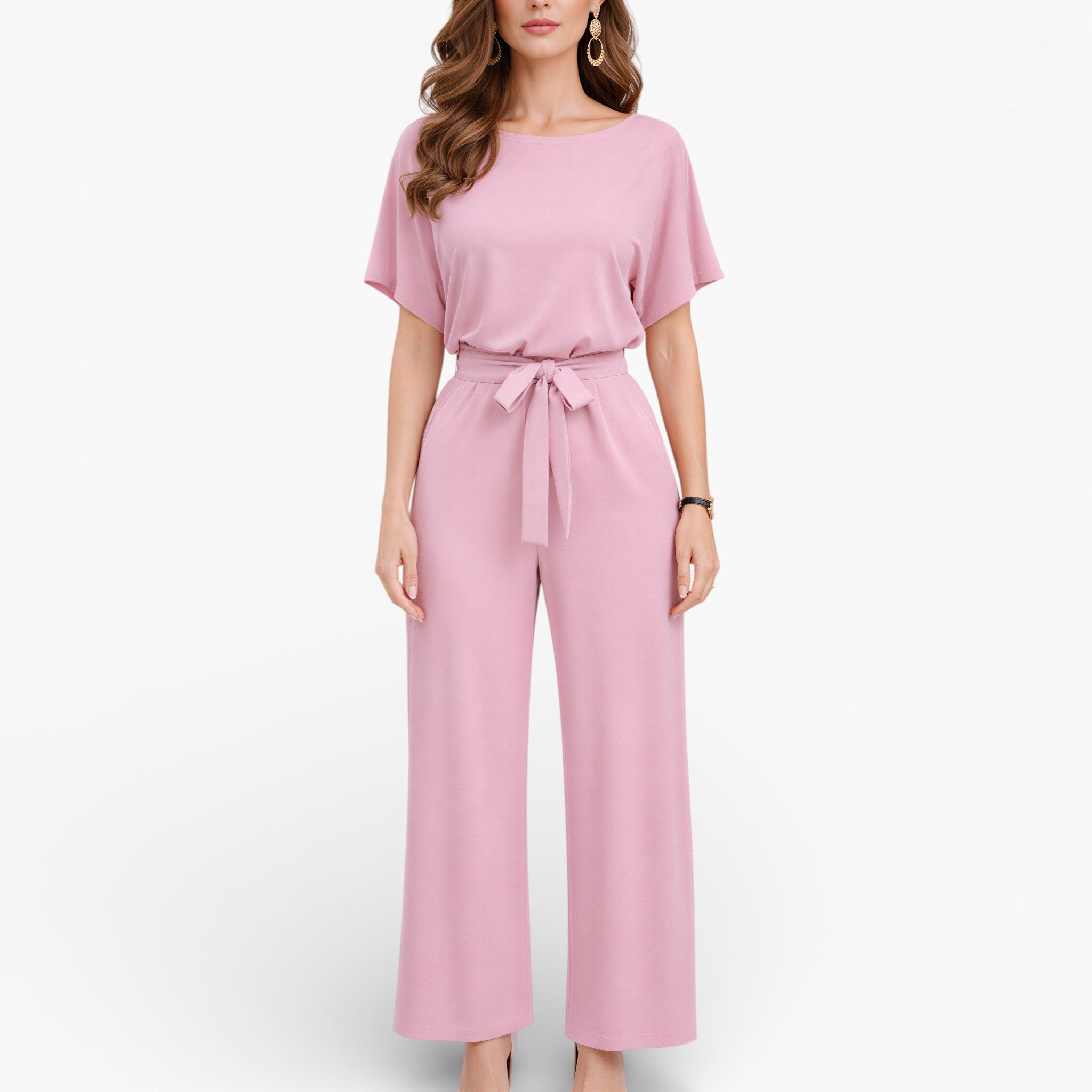 Women’s Wide Leg Belted Jumpsuit Classic Elegant Style
