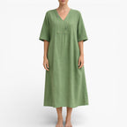 Women’s Vegan Linen feel Midi Dress – Breathable V-Neck Summer Dress