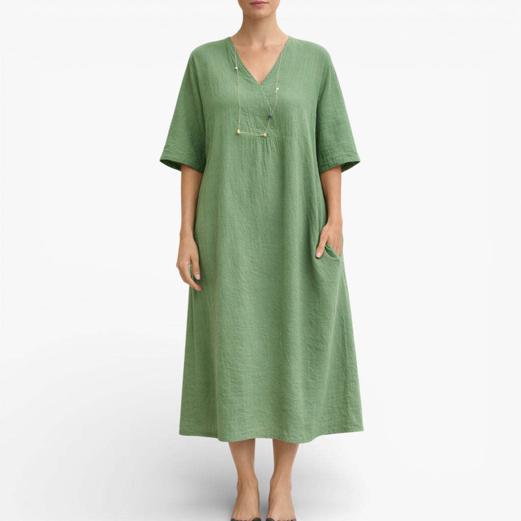 Women’s Vegan Linen feel Midi Dress – Breathable V-Neck Summer Dress