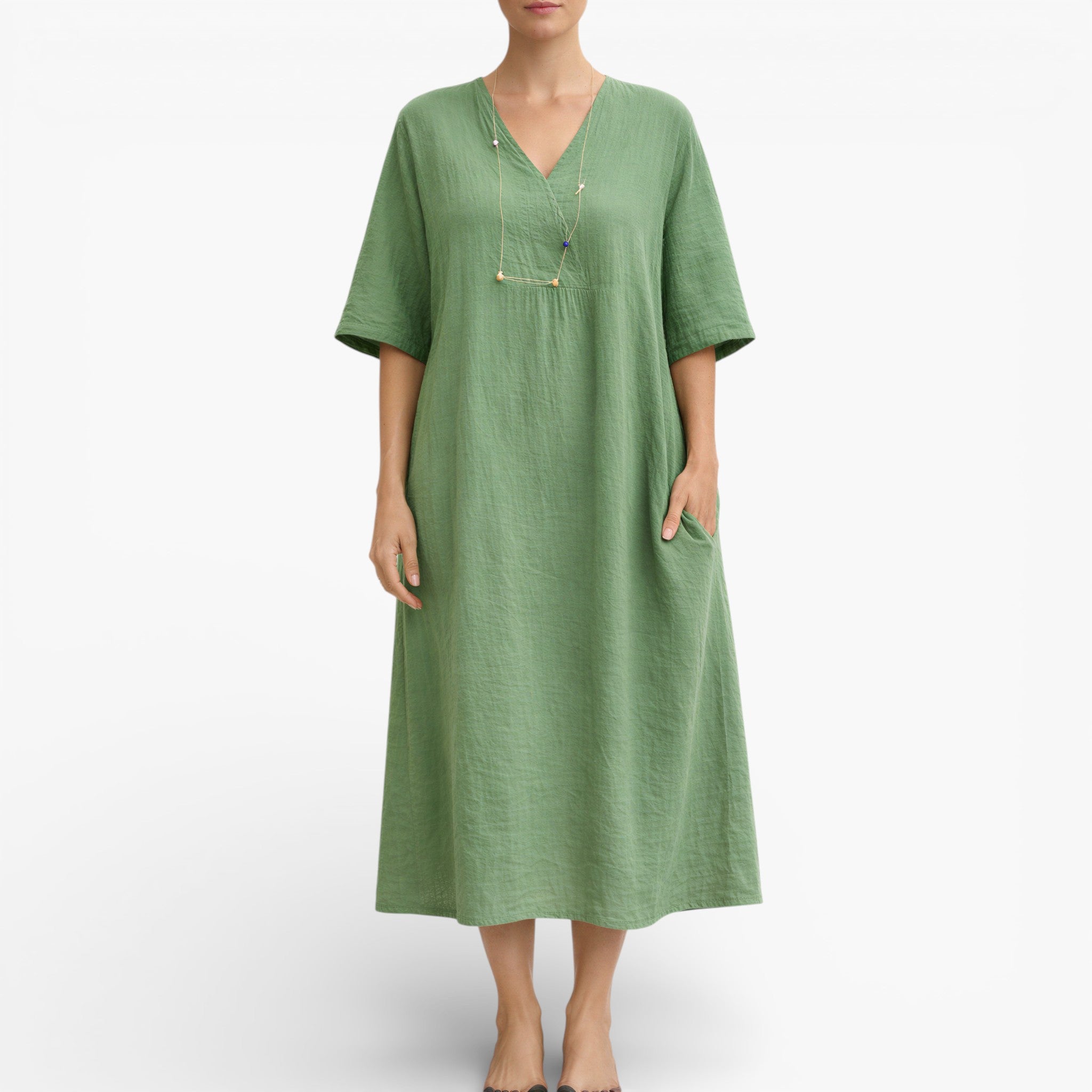 Women’s Vegan Linen feel Midi Dress – Breathable V-Neck Summer Dress