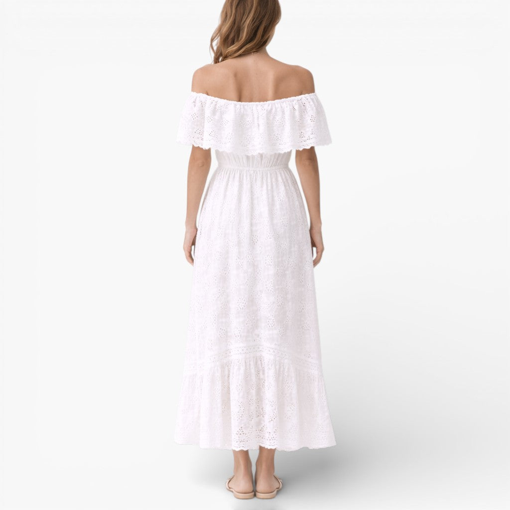 Women’s Broderie Maxi Dress Off Shoulder Elegant Elastic Waist Dress