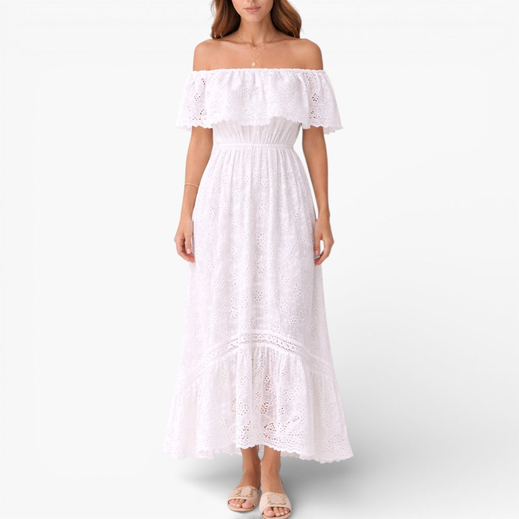 Women’s Broderie Maxi Dress Off Shoulder Elegant Elastic Waist Dress