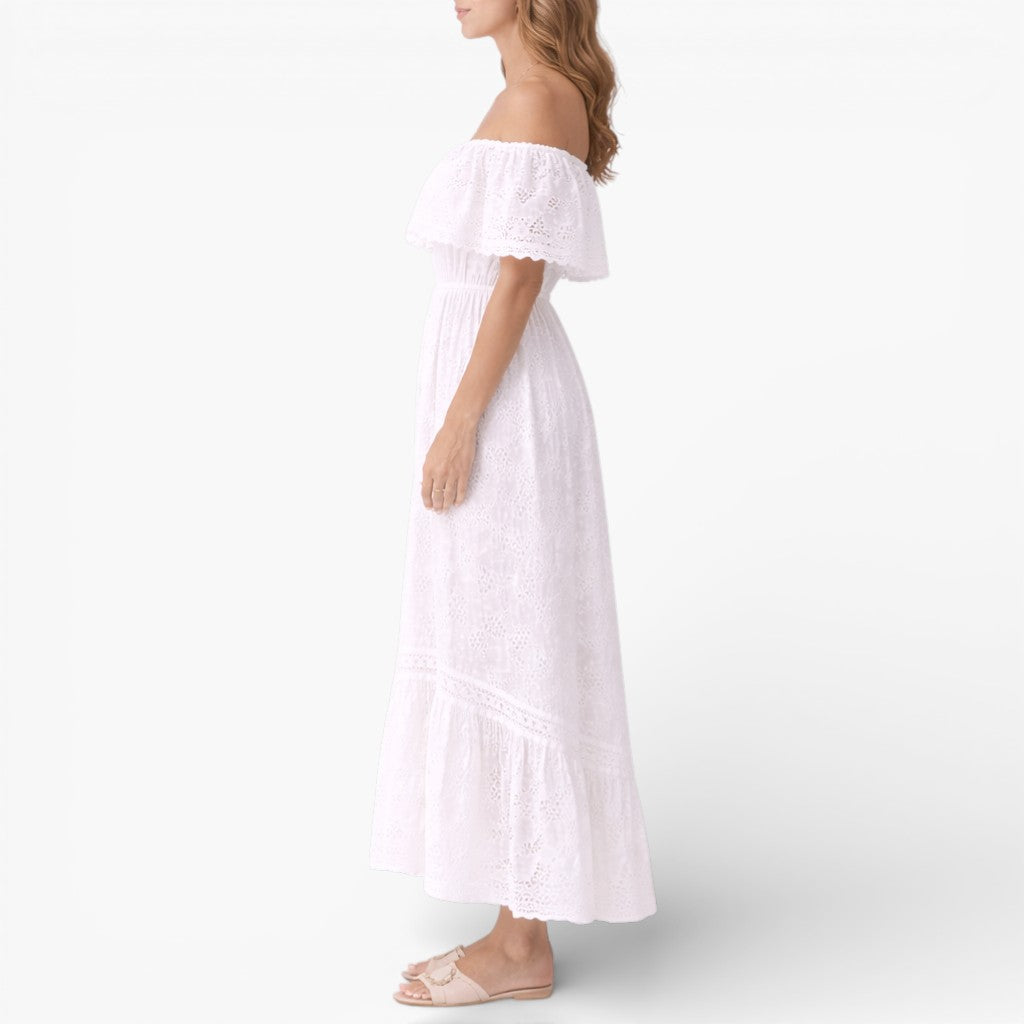 Women’s Broderie Maxi Dress Off Shoulder Elegant Elastic Waist Dress