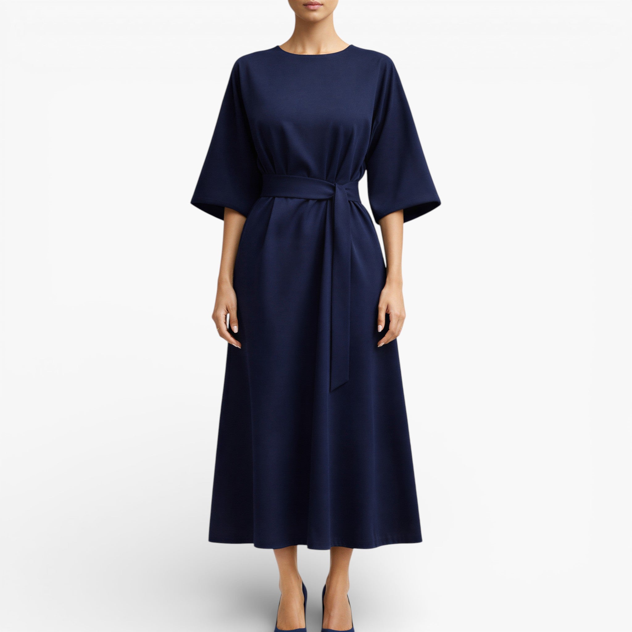 Women’s V Neck Midi Dress Belted Waist Flowy Casual Dress
