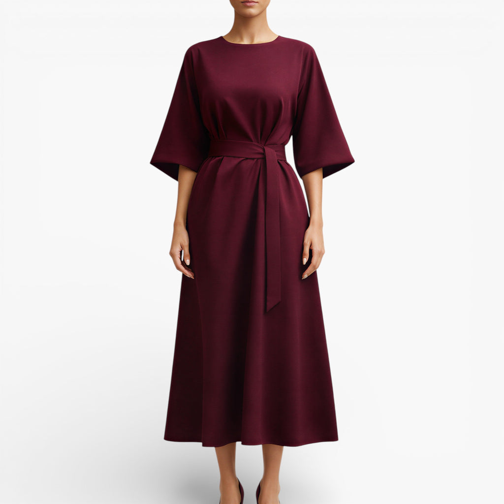 Women’s V Neck Midi Dress Belted Waist Flowy Casual Dress