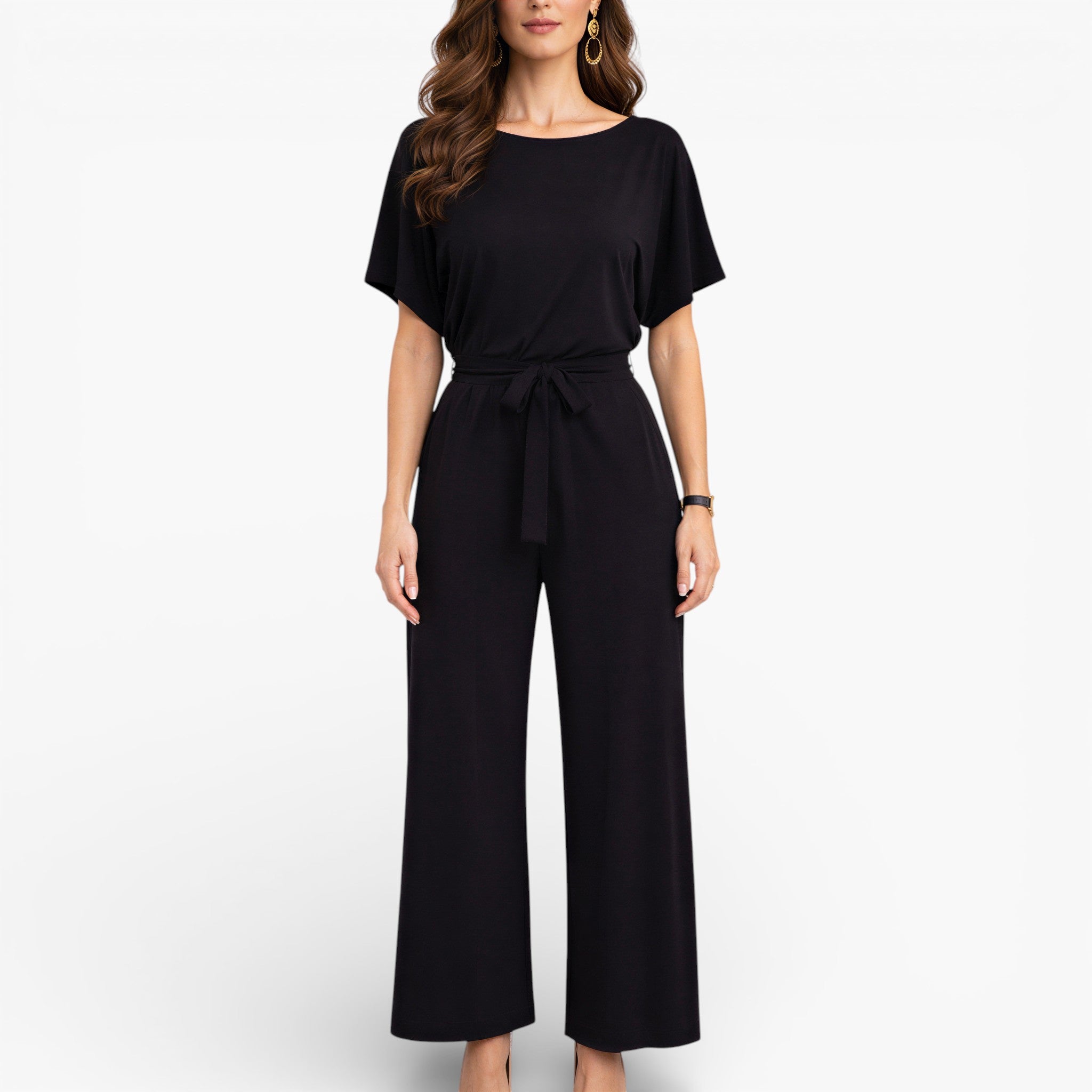 Women’s Wide Leg Belted Jumpsuit Classic Elegant Style