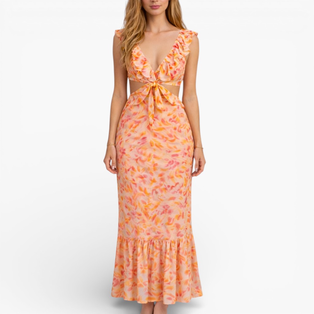 Women’s Ruffle Trim Floral Sleeveless Maxi Dress