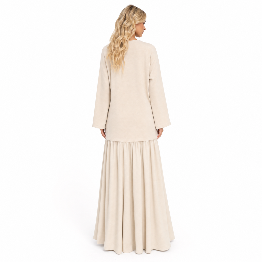 Cream oversized knit top and tiered maxi skirt set - back