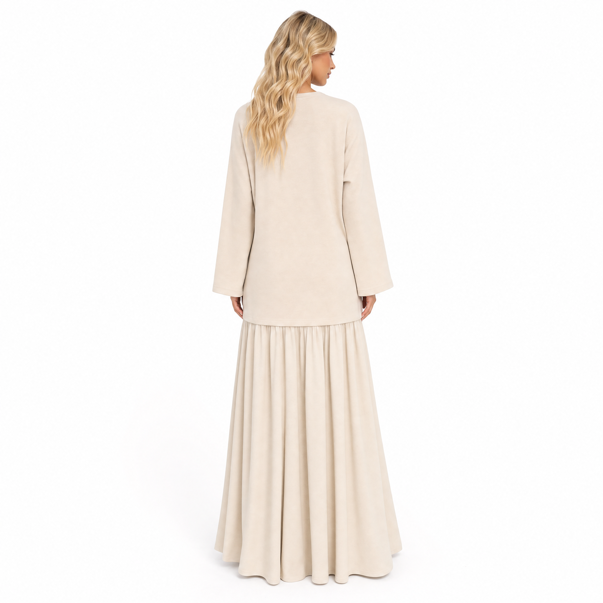 Cream oversized knit top and tiered maxi skirt set - back