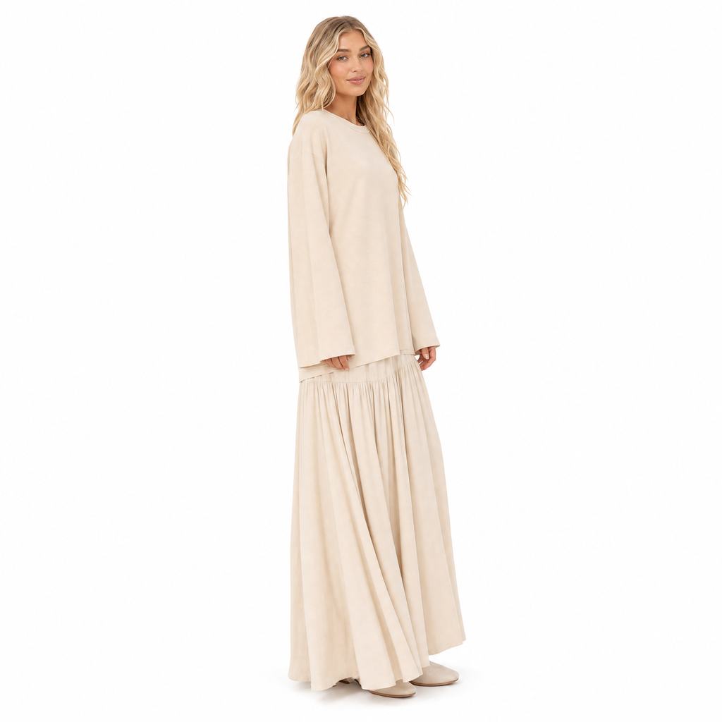 Cream oversized knit top and tiered maxi skirt set - side