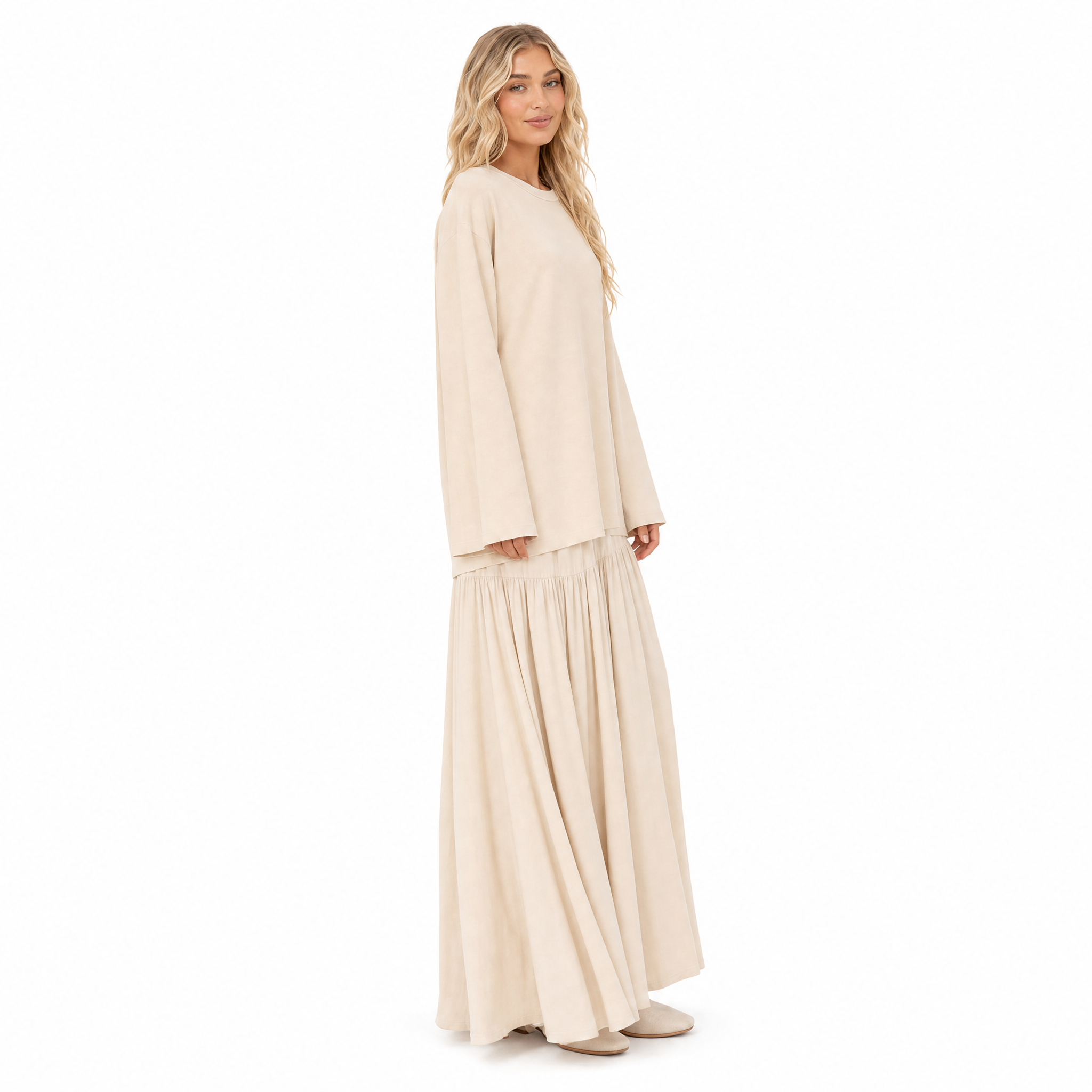 Cream oversized knit top and tiered maxi skirt set - side