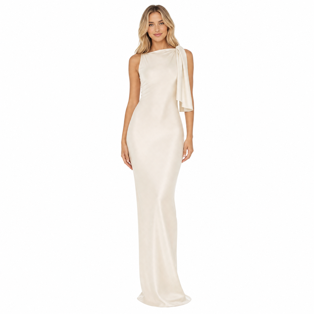 Beige one-shoulder bodycon maxi dress - front