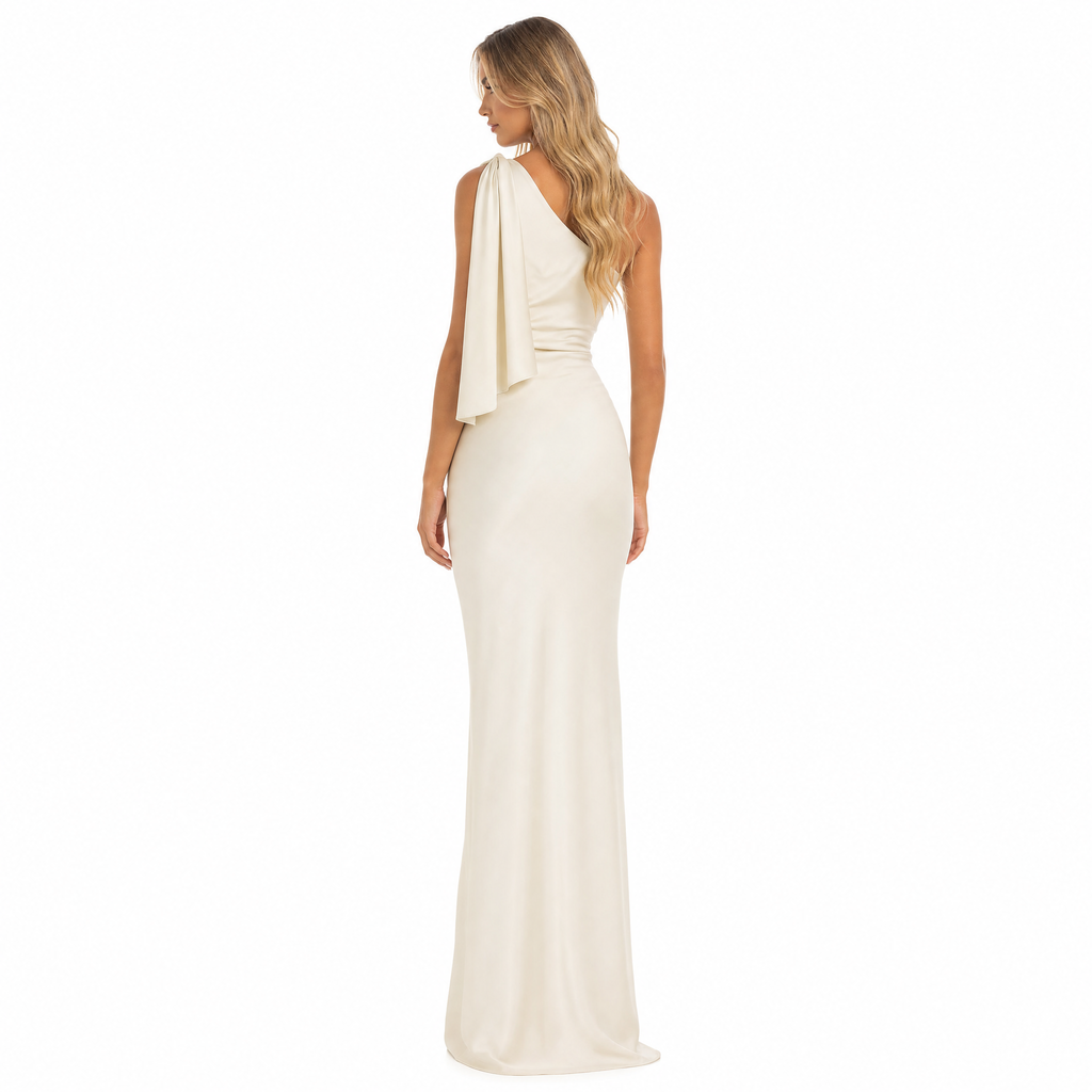 Beige one-shoulder bodycon maxi dress - back