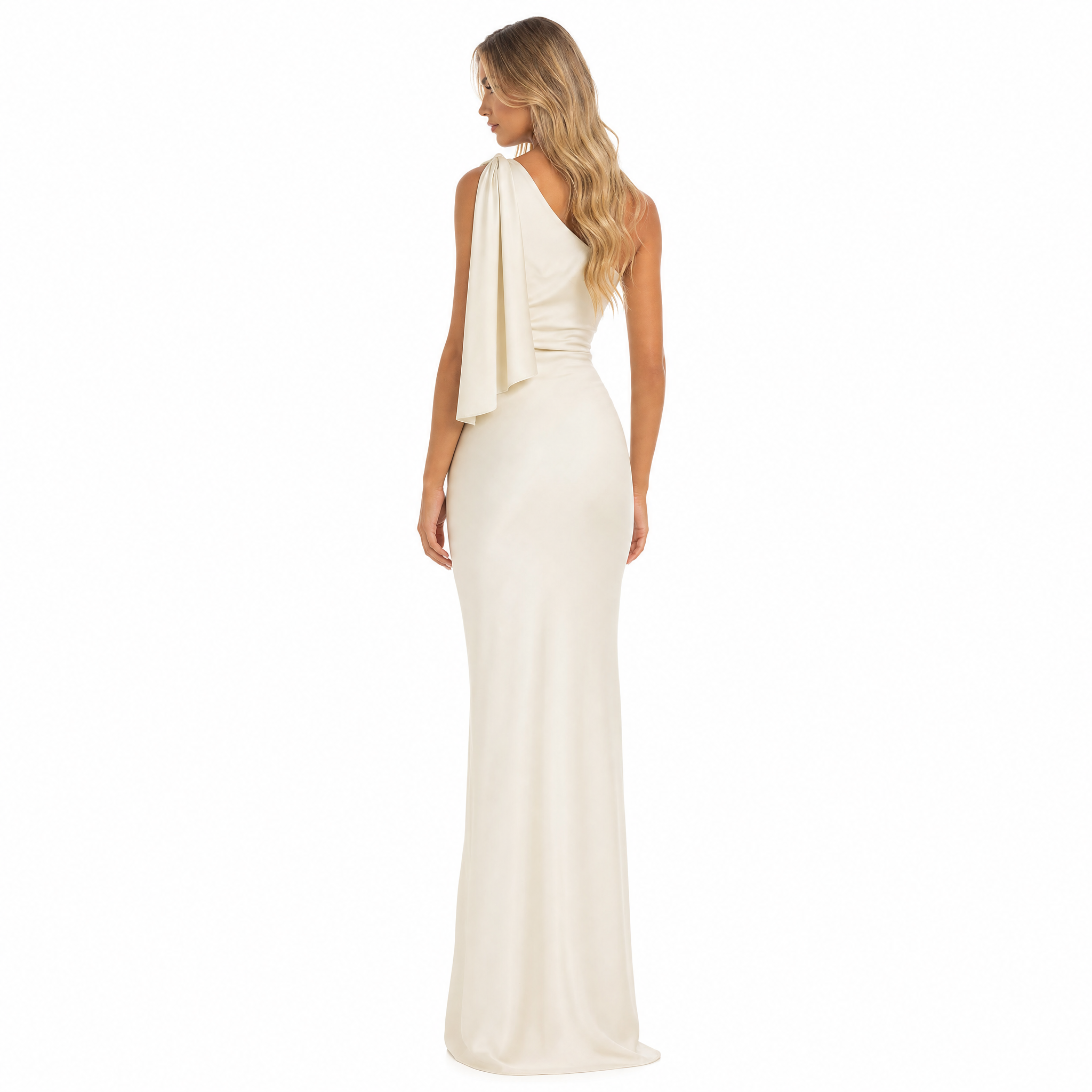 Beige one-shoulder bodycon maxi dress - back