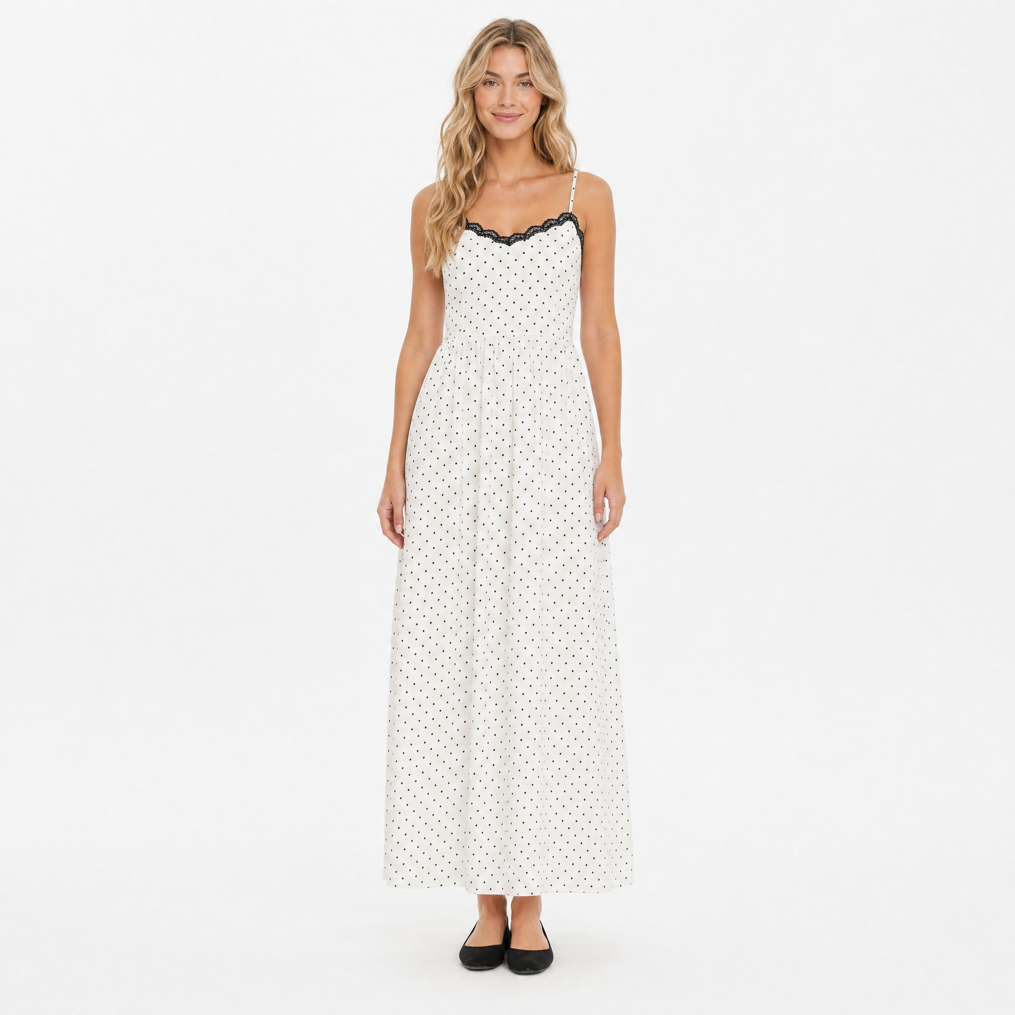 White polka-dot lace maxi dress - front