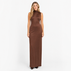 Coffee high-neck satin bodycon maxi dress - front