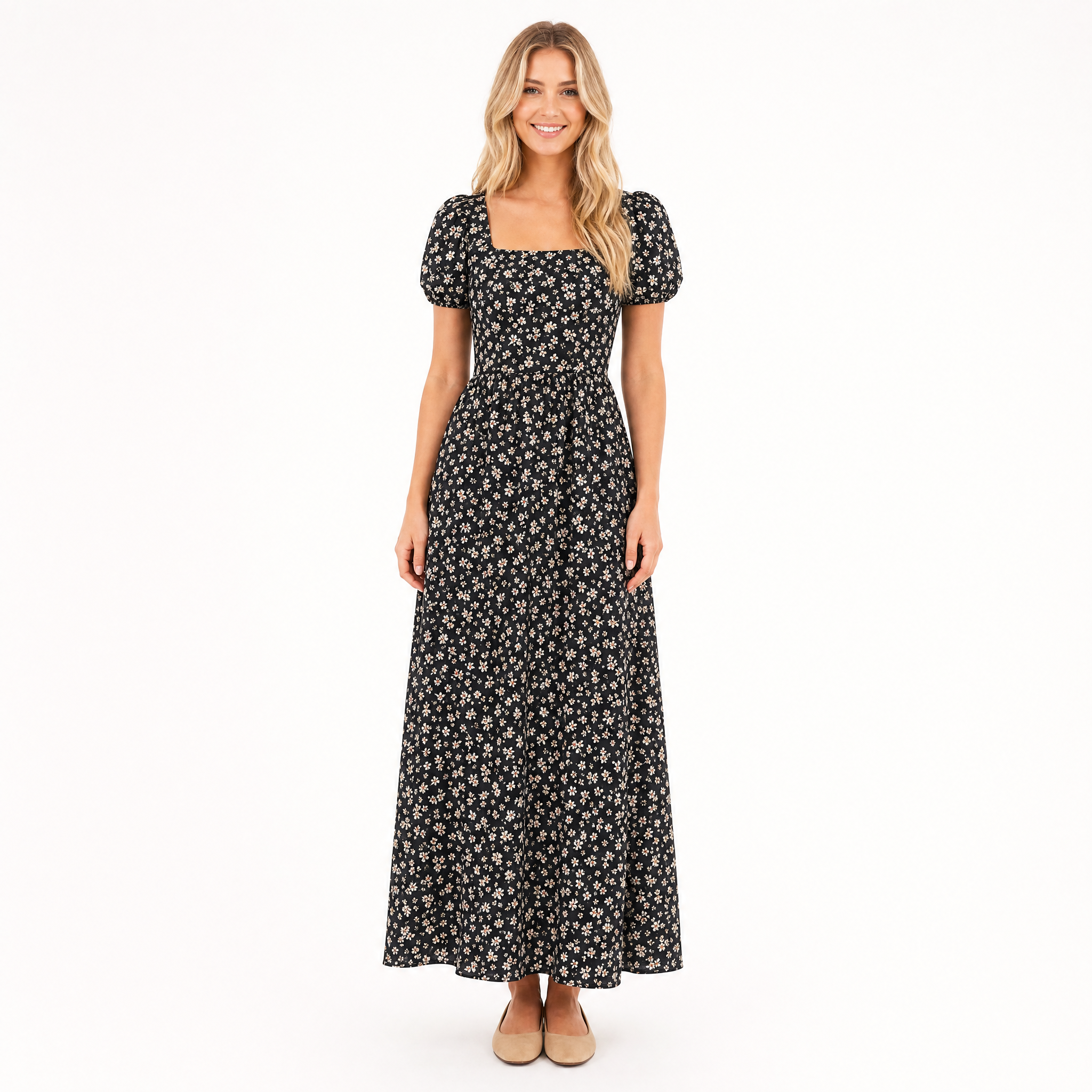 Black vintage floral puff-sleeve maxi dress - front