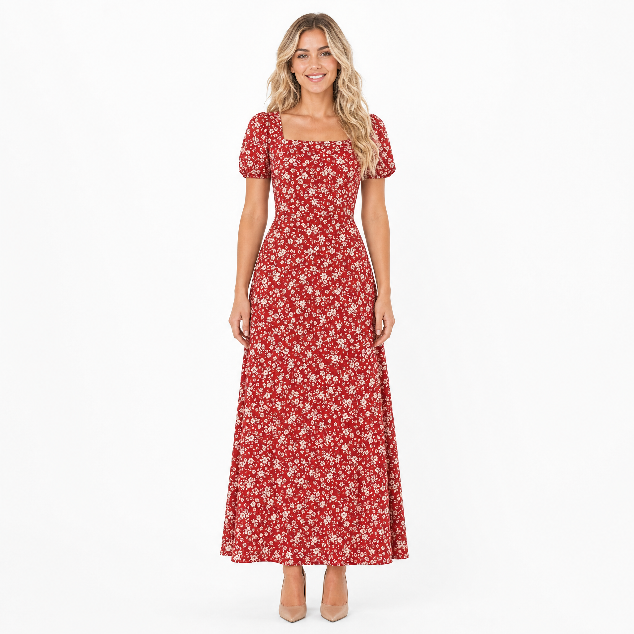 Red vintage floral puff-sleeve maxi dress - front