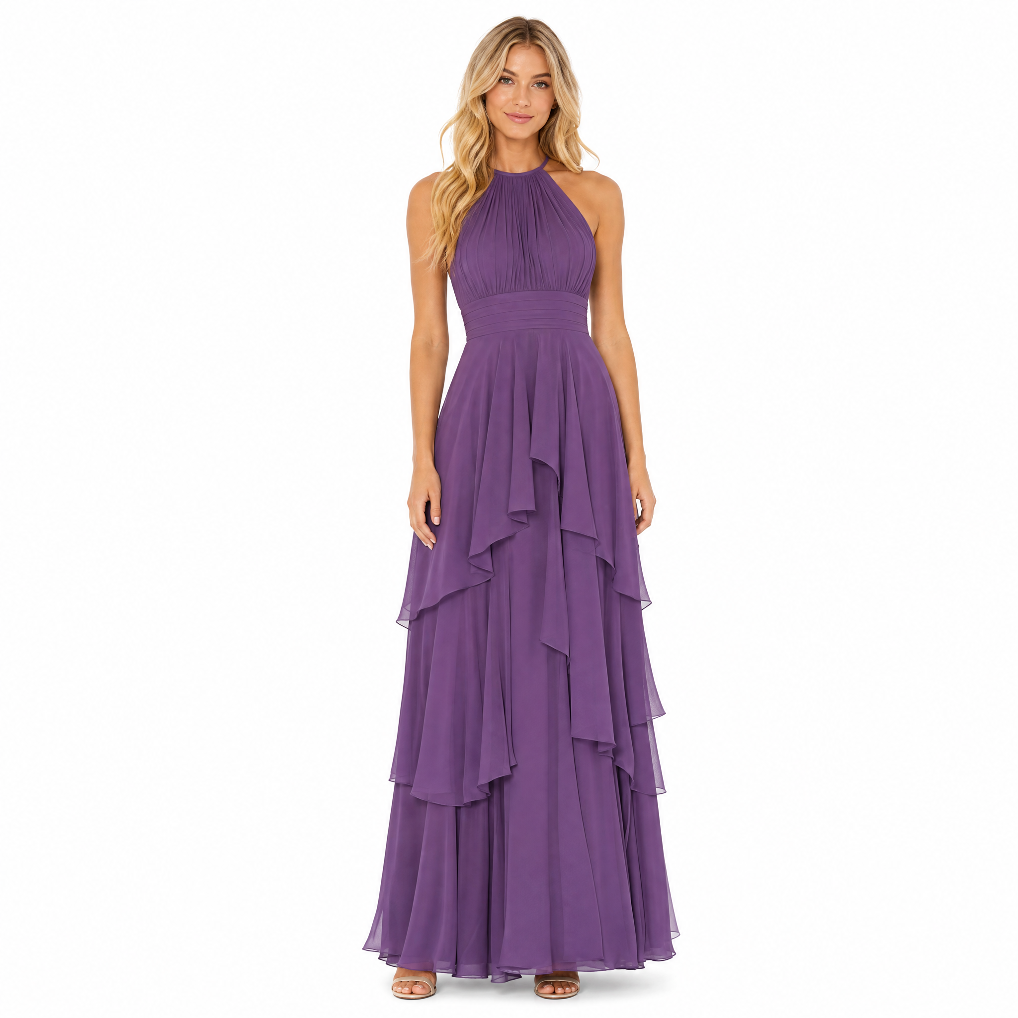 Women's purple halter tiered chiffon maxi dress - front