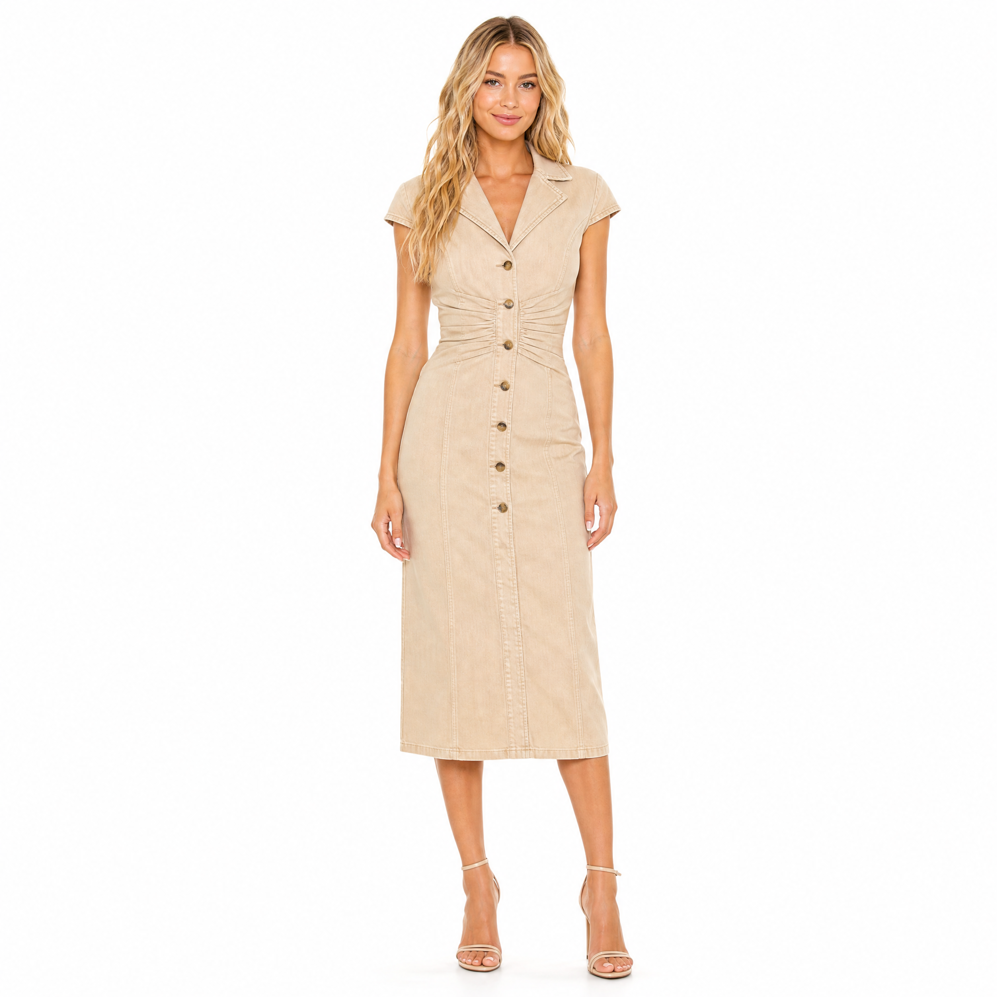 Women's beige denim lapel midi dress - front