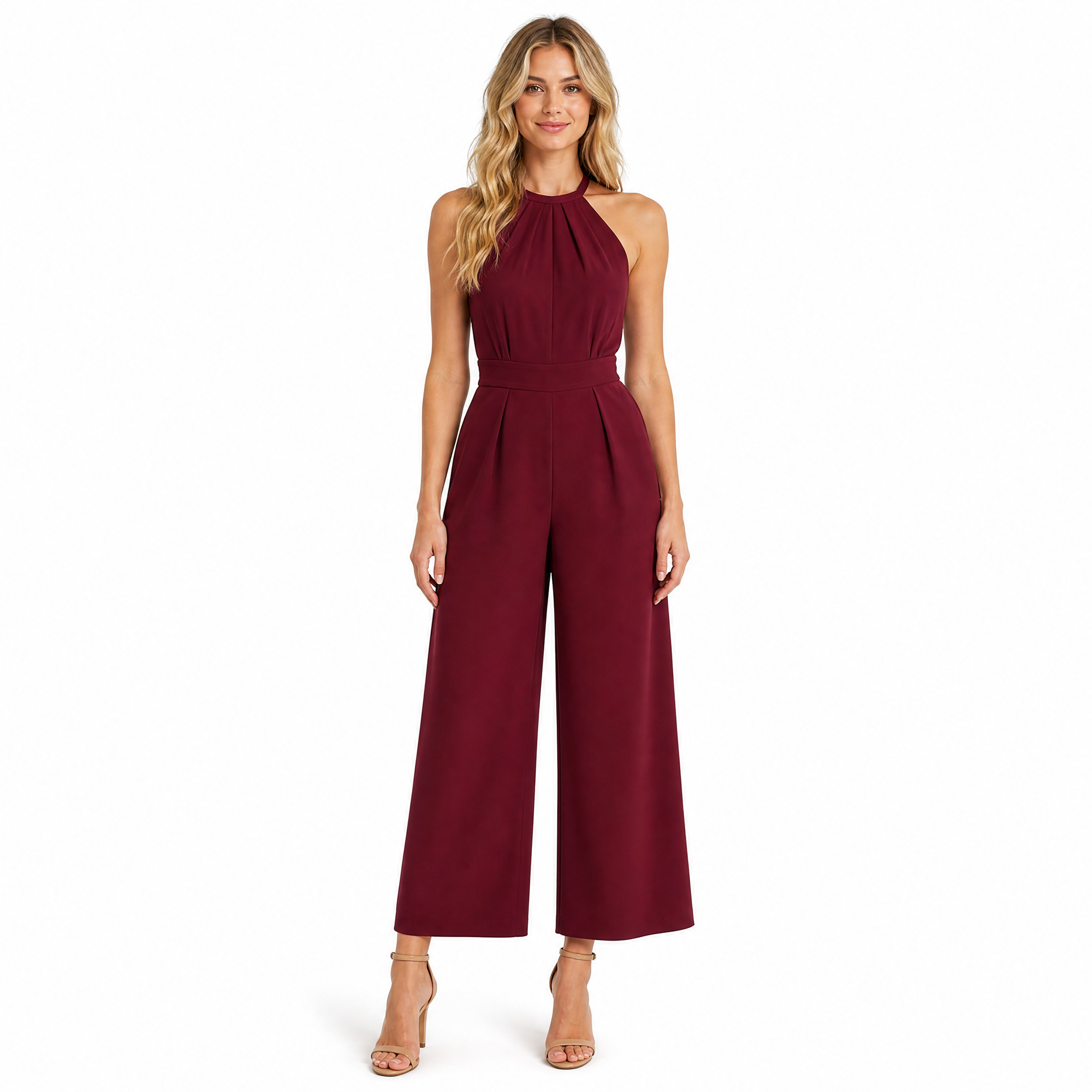 Women's burgundy halter pleated wide-leg jumpsuit - front
