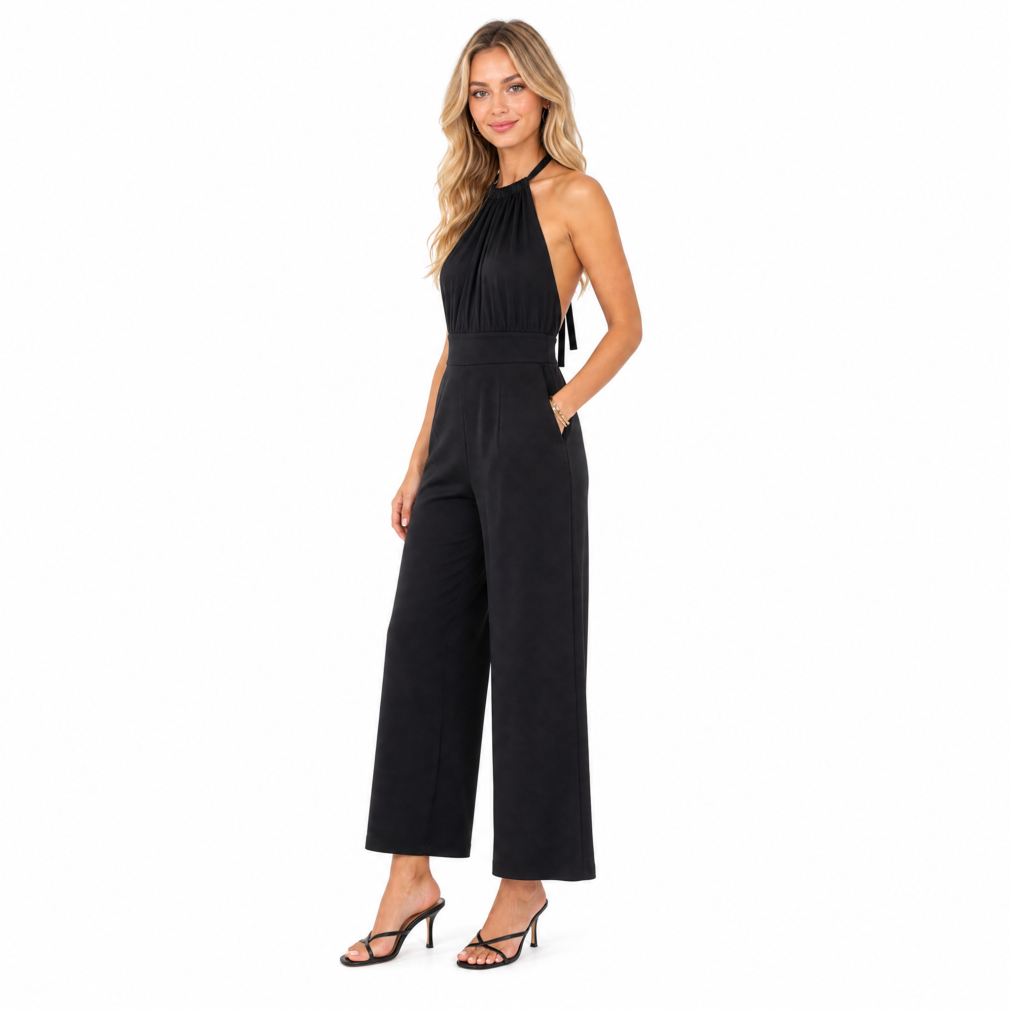 Women's black halter pleated wide-leg jumpsuit - side