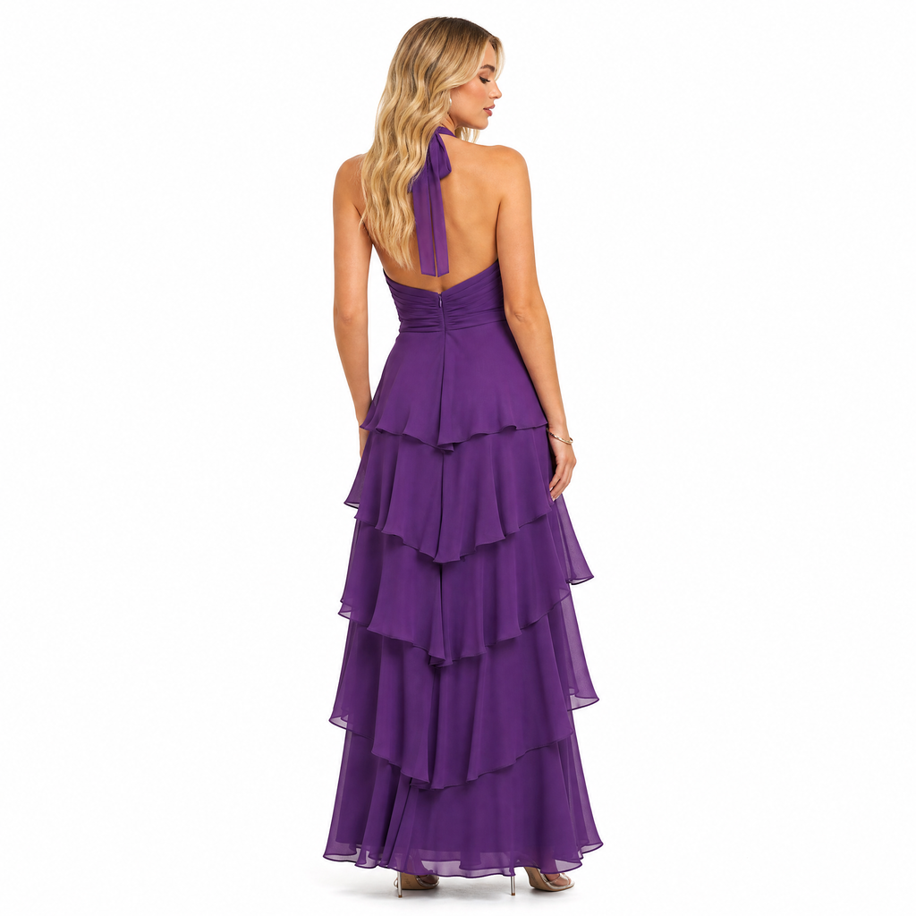 Women's purple halter tiered chiffon maxi dress - back