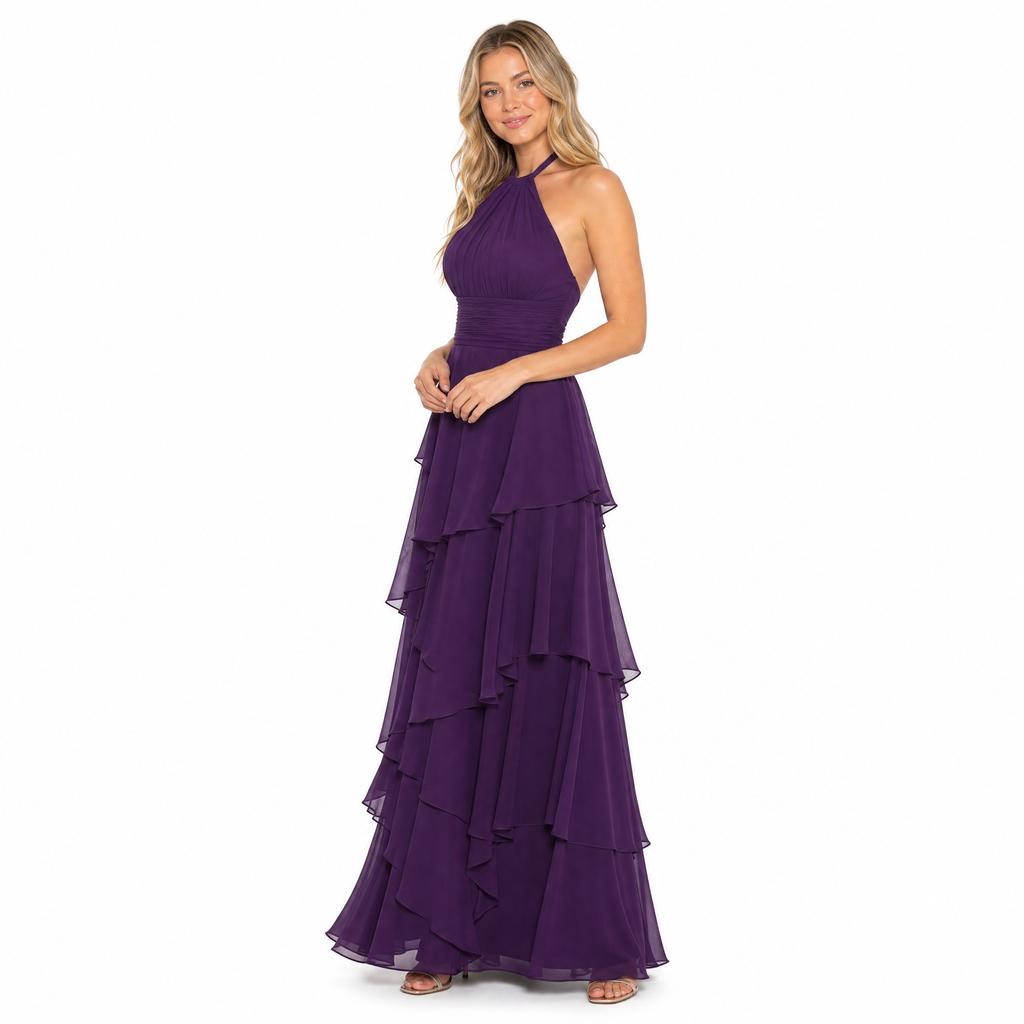 Women's purple halter tiered chiffon maxi dress - side