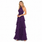 Women's purple halter tiered chiffon maxi dress - side