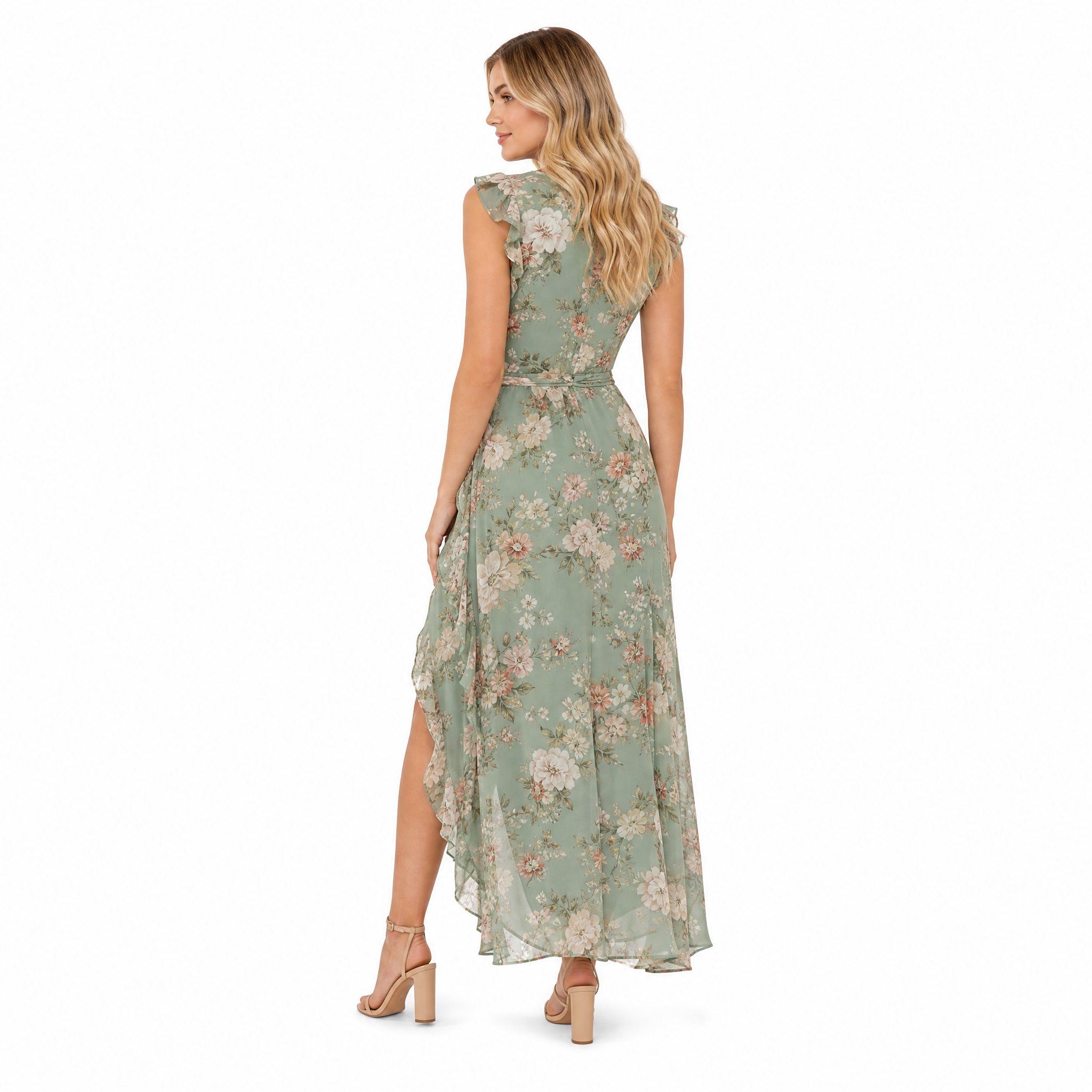Women's green floral V-neck chiffon maxi dress - back