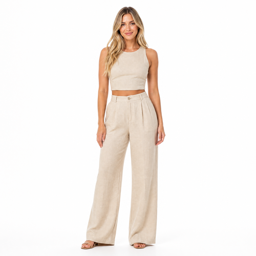 Women's beige linen crop top and wide-leg trouser two-piece set - front