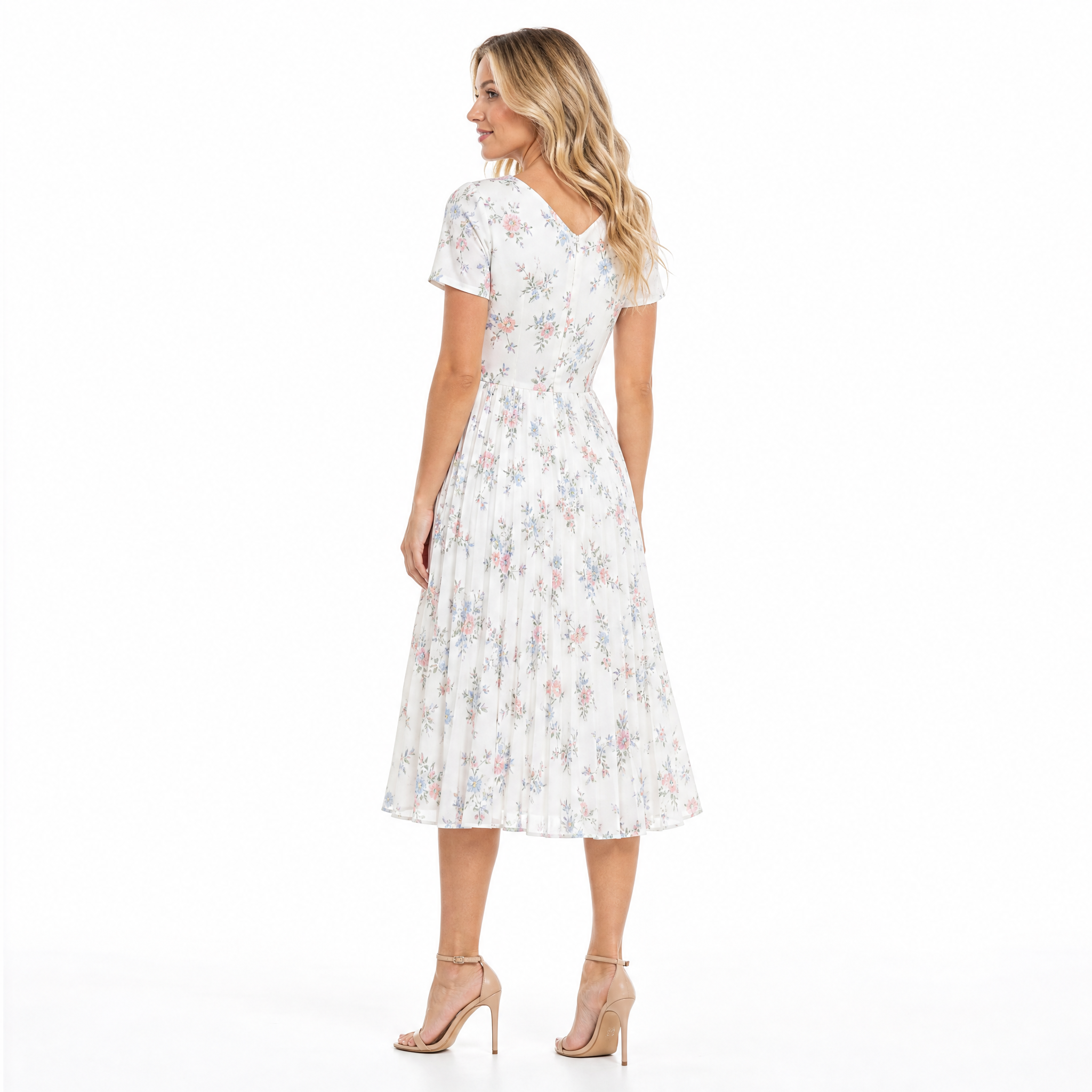 Women's white floral pleated short-sleeve midi dress - back