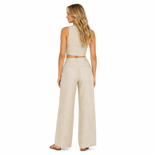 Women's beige linen crop top and wide-leg trouser set - back