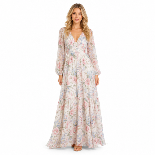 Women's floral bohemian long-sleeve chiffon maxi dress front view