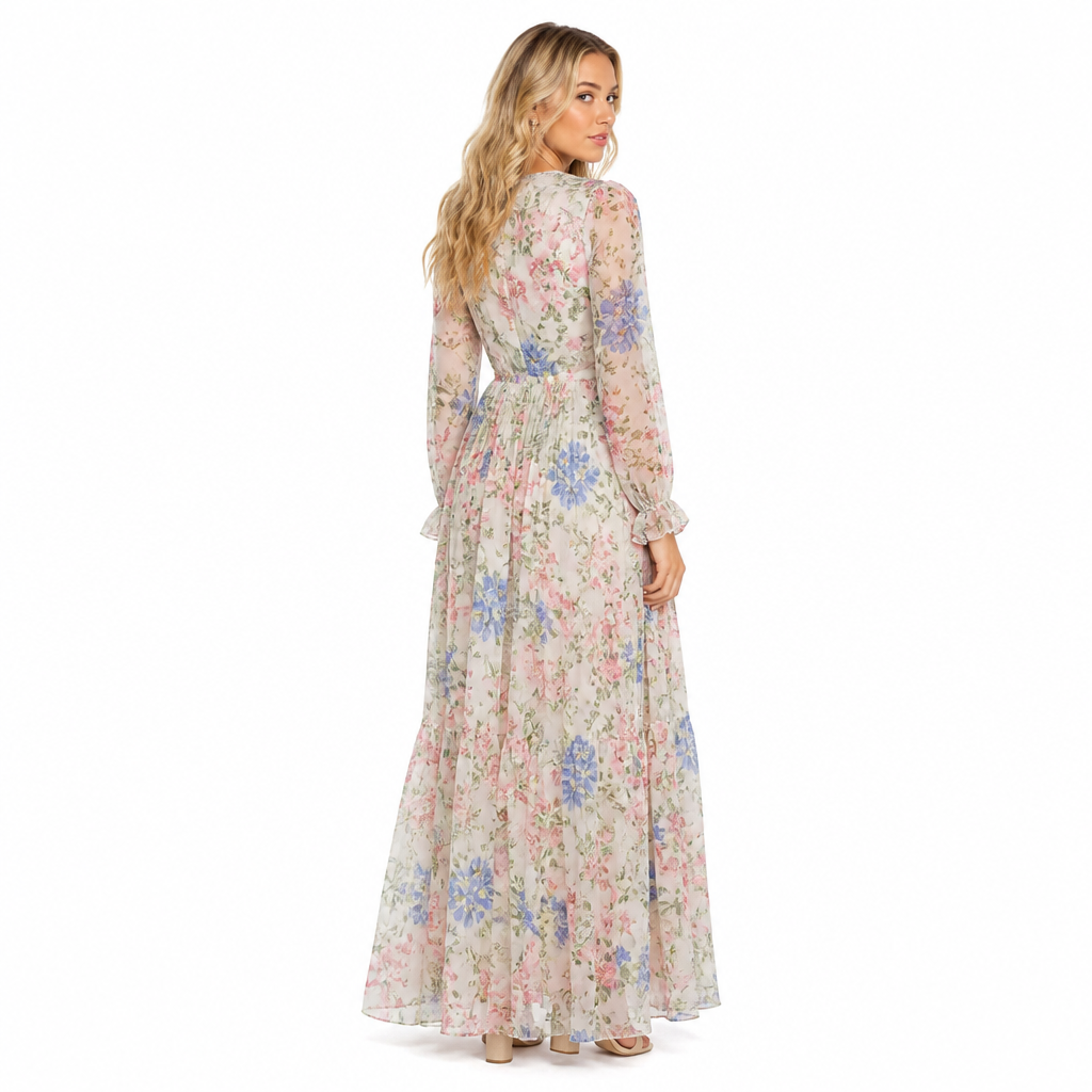 Women's floral pink long-sleeve chiffon bohemian maxi back view