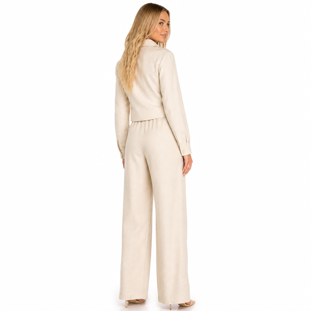 Women's beige cotton linen lapel shirt and wide-leg trouser set back view