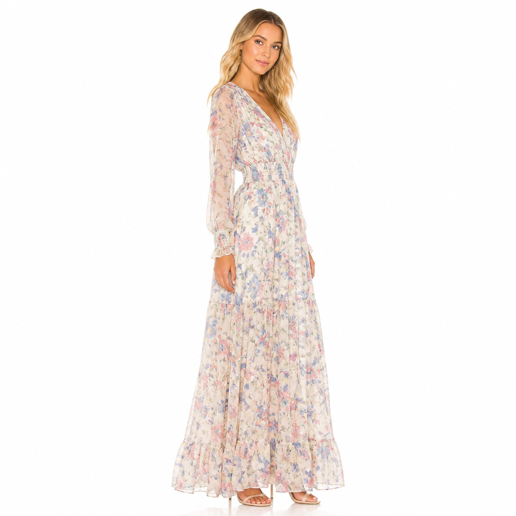 Women's floral pink long-sleeve chiffon bohemian maxi side view