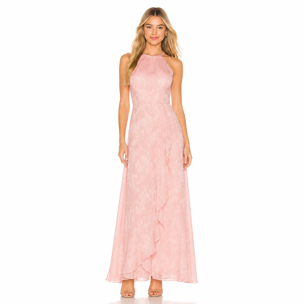 Women's pink jacquard chiffon maxi dress front view
