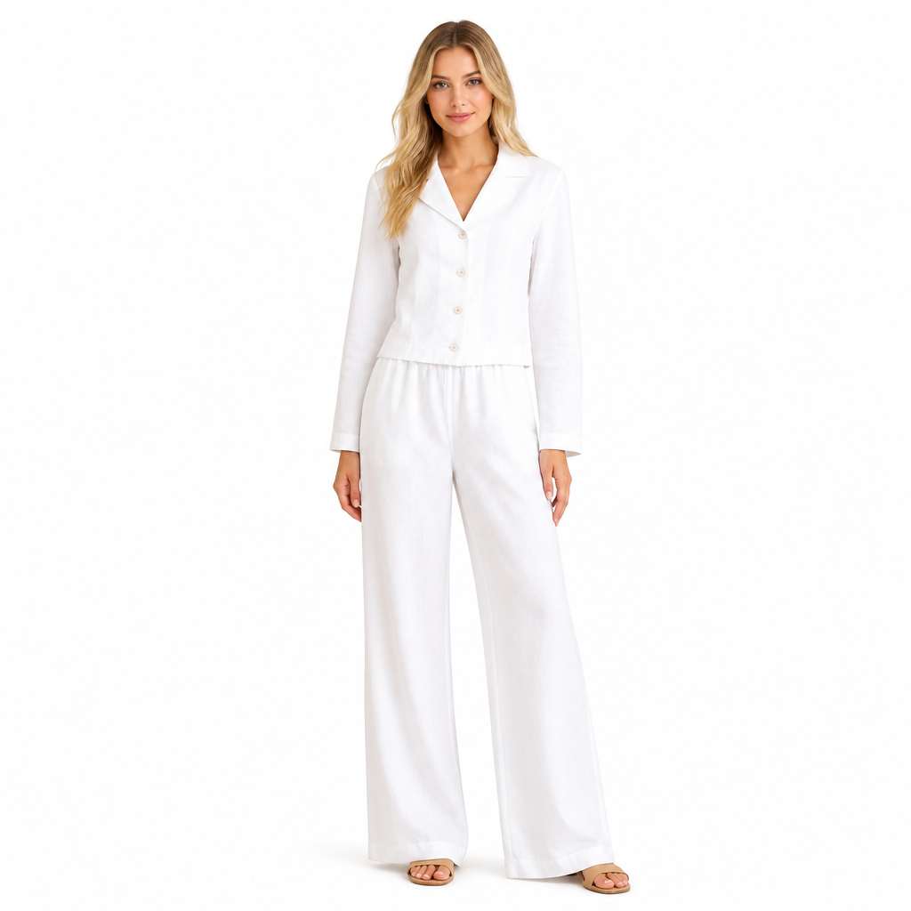 Women's white cotton linen lapel shirt and wide-leg trouser set front view