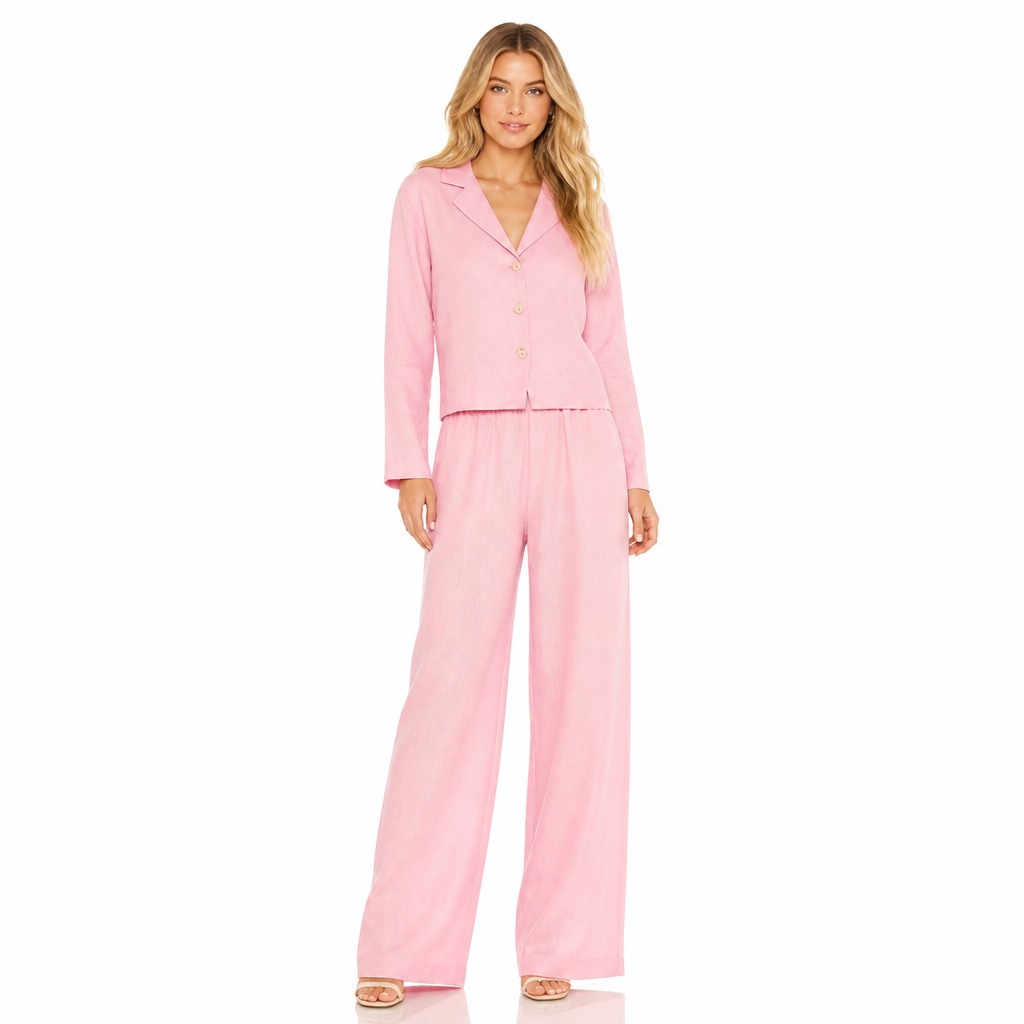 Women's pink cotton linen lapel shirt and wide-leg trouser set front view