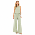 Women's green cotton linen sleeveless blouse and wide-leg trouser set front view