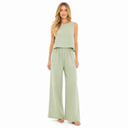 Women's green cotton linen sleeveless blouse and wide-leg trouser set front view