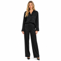 Women's black jacquard print long-sleeve shirt and trouser set front view
