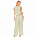 Women's green cotton linen sleeveless blouse and wide-leg trouser set back view