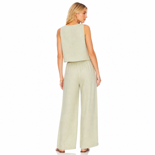 Women's green cotton linen sleeveless blouse and wide-leg trouser set back view